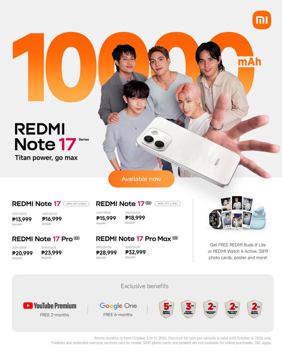 Xiaomi_PH's tweet photo. The wait is over! 🔥 The #REDMINote17Series is now available at Xiaomi Stores, with exciting deals and exclusive freebies waiting for you.

Score an exclusive SB19 photocard and more amazing freebies with your purchase! ✨ Don’t miss these special offers from October 2–11 only. Head to your nearest Xiaomi Store and get yours now! 🛍️
