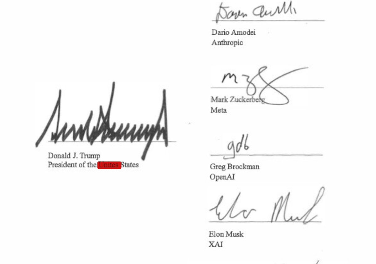 Rodpac's tweet photo. El documento que firmó ayer Donald Trump para cambiar el nombre de la inteligencia artificial a super inteligencia y plantear la autorregulación tiene un error que refleja una enorme incompetencia o un guiño. https://t.co/hBbXRl5FqJ