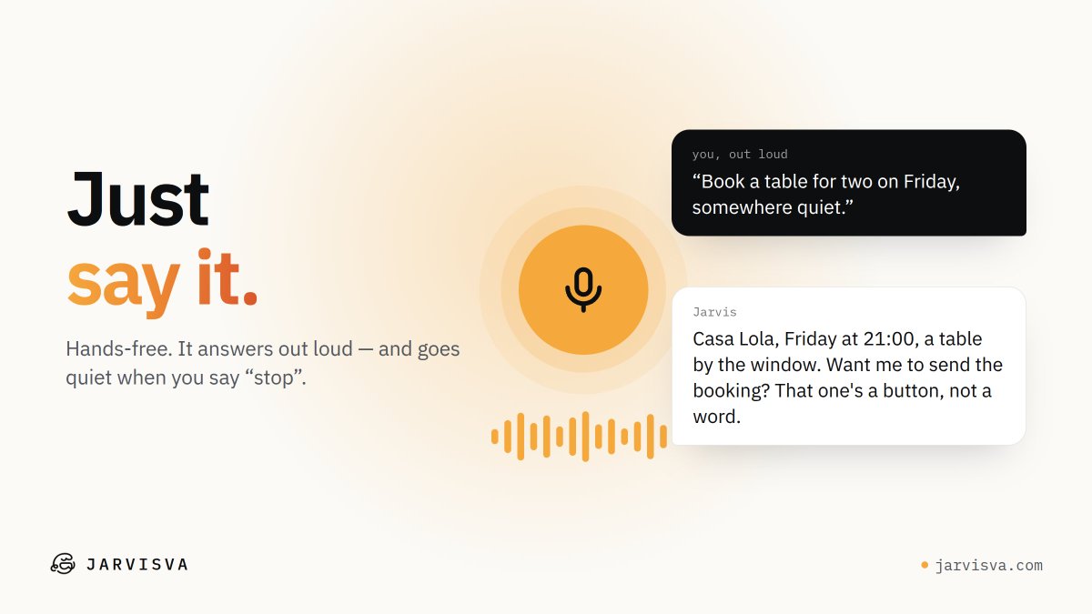 JarvisVArh's tweet photo. Turn on hands-free and just talk.

It listens when you speak, answers out loud in a natural voice, and goes quiet the moment you say "stop".

The one thing it never takes by voice: a yes to send something. That's a button. https://t.co/pLSA5lJLL3