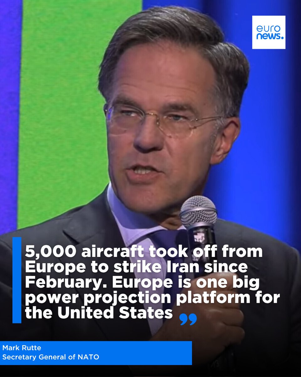 euronews's tweet photo. "5,000 aircraft took off from Europe to strike Iran since February. Europe is one big power projection platform for the US."

NATO Secretary General Rutte reflects on the scale of recent trans-Atlantic military operations on #TheEuropeConversation.

#EuronewsDefenceSpace2026 https://t.co/9PkwwV1g5t