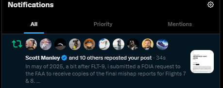 A dark-themed Twitter/X notifications panel displays an alert that "Scott Manley and 10 others reposted your post" from 34 seconds ago, referencing a FOIA request to the FAA about mishap reports for Flights 7 & 8. The casual "Yoo??" caption reflects the poster's pleasant surprise at receiving notable engagement from the popular space YouTuber Scott Manley.