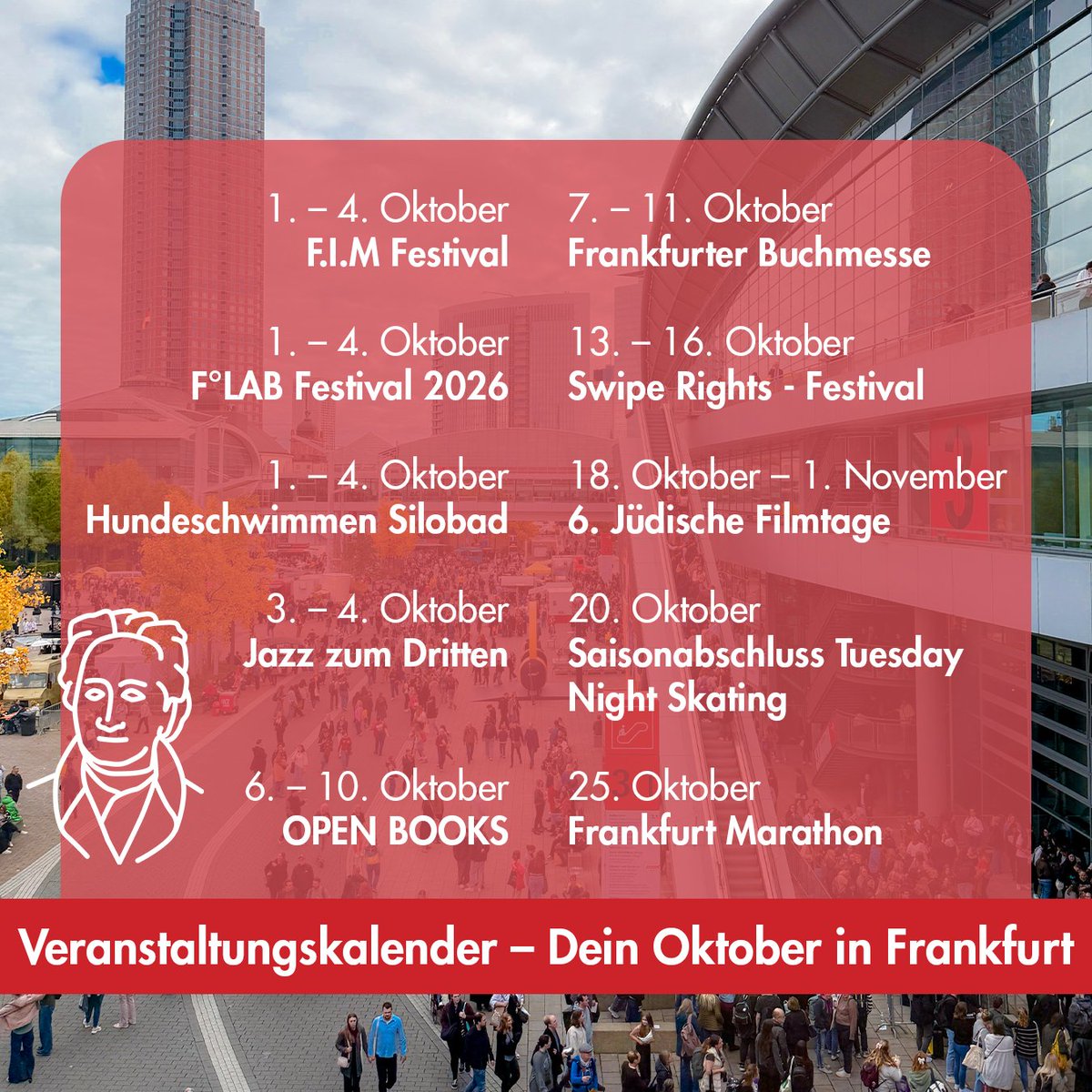 Stadt_FFM's tweet photo. Der Oktober hat mehr als bunte Blätter zu bieten. 👀🍂

Von Buchmesse und OPEN BOOKS über Festivals und Jüdische Filmtage. Und beim Hundeschwimmen im Silobad kommen auch die Vierbeiner zum Zug. 🐾

Zur Veranstaltungsseite: https://t.co/IMk7UKshV8 https://t.co/Ow7WPUN7vK