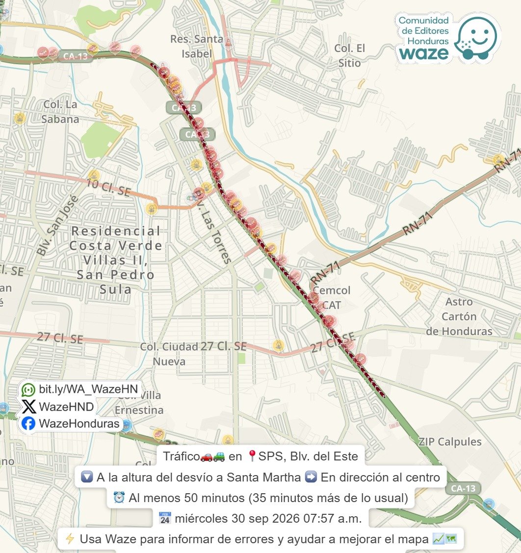 WazeHND's tweet photo. #Tráfico🚗🚙 en 📍#SPS, Blv. del Este
🔽 A la altura del desvío a Santa Martha ➡️ En dirección al centro
⚡ Usa #Waze para #informar de errores y #ayudar a mejorar el #mapa 📈🗺️
👉 Síguenos en redes sociales https://t.co/e1sSYosAH5 https://t.co/JScbXlJJdD