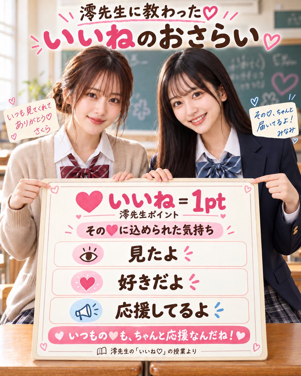 kakubijolab's tweet photo. 今日はふたりで、澪先生の授業へ👩‍🏫🌸🖤
制服コーデで、ちょっと学生気分🤭

教わったのは、応援の気持ちを分かりやすく表した「澪先生ポイント」📚
今回の基準は……
いいね��️＝1pt✨

🌸さくら
「いつも届く♡って、“今日も見たよ”の挨拶でもあるんだね☺️」

🖤みなみ
「その1ptのために、私たちの写真で手を止めてくれたんだよね。
……そう思うと、もっと嬉しいかも♡」

忙しい合間に見に来てくれるあなた。
いつもありがとう💕
そのひと押しが、次の写真を載せる楽しみになっています。

澪先生、分かりやすい授業をありがとう📚✨
次の「リプ」の授業も、ふたりで出席します🌸🖤

※「澪先生ポイント」は引用元の企画上の指標です。1ptごとの表示回数や拡散効果を保証するものではありません。

#AIart #さくらとみなみ