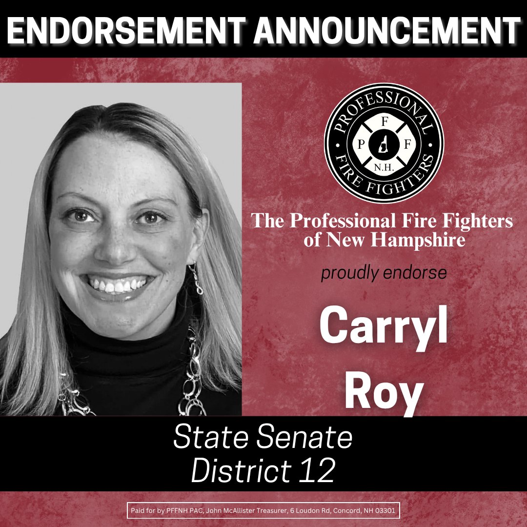 PFFNH's tweet photo. Carryl understands the dedication, sacrifice, and challenges faced by members of the fire service. We look forward to working alongside Carryl as she campaigns to represent Senate District 12 and fight for the issues that keep our neighborhoods safe. https://t.co/H0Taf0iCEq