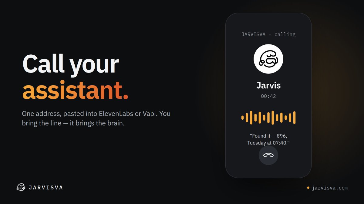 JarvisVArh's tweet photo. Your assistant has a phone line now.

Get your address in one click, paste it into ElevenLabs or Vapi, give it a number, and call. Same assistant, same name, same rules.

You bring the line. It brings the brain. https://t.co/Xabm7Id4ch