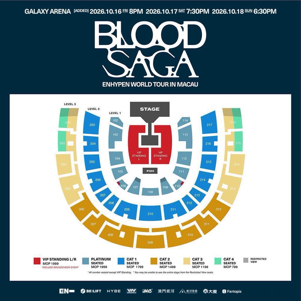 Berry_Tx12's tweet photo. 🎫【SELLING】ENHYPEN 2026 WORLD TOUR [BLOOD SAGA] in Macau 🇲🇴

📅 10/16–10/18
📍 Galaxy Arena

🎟️ Available
▫️ VIP Standing｜Q<5 / 10 / 20 / 50 / 70 / 100 / 150
▫️ Platinum Seating｜Row 1–5

📩 If I miss your message, please comment “DM” below 🧡

#ENHYPEN #엔하이픈 #エンハイプン
#ENHYPEN_BLOOD_SAGA #ENHYPENWorldTour
#マカオコンサート #マカオコンサートチケット代行
#대리티켓팅 #댈티 #티켓대행 #チケッティング代行 #マカオ代行