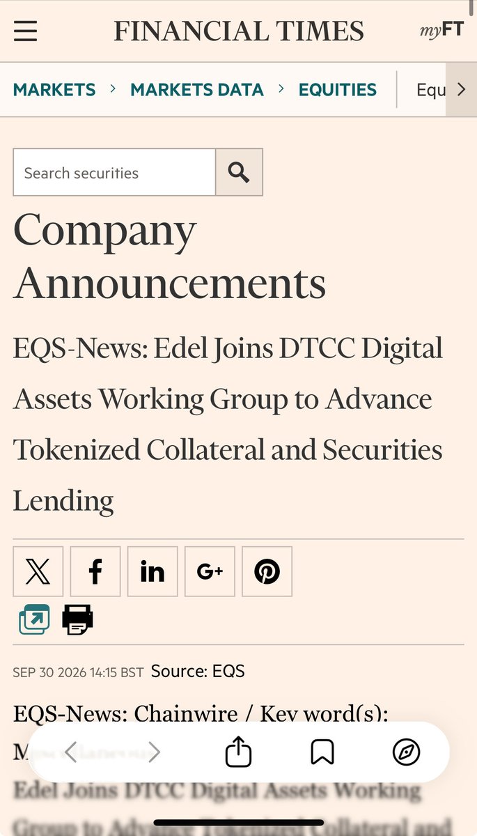 nottellingyou73's tweet photo. 🚨 FINANCIAL TIMES REPORTING ON $EDEL

You don’t know it yet, but $EDEL is about to become a household name in TradFi and DeFi and on Wall Street

The earlier you recognize this, the more money you’ll make on $EDEL

“Wall Street has shown it can bring assets onto a blockchain. Edel, with securities lending veteran Brad Klaason its board, is building the markets that let those assets be lent, pledged and posted as margin once they arrive.”

Edel, a provider of infrastructure for tokenised equity and commodity markets on Canton, has joined the Depository Trust & Clearing Corporation (DTCC) Digital Assets Solutions Industry Working Group. The group was convened to provide industry feedback as DTCC develops its Tokenization Service. Within the working group, Edel sits alongside more than 100 members, including NYSE, BlackRock, Goldman Sachs, JPMorgan, and Citadel Securities, to help design the future utility of digital assets.

https://t.co/QlJDPCEWB7