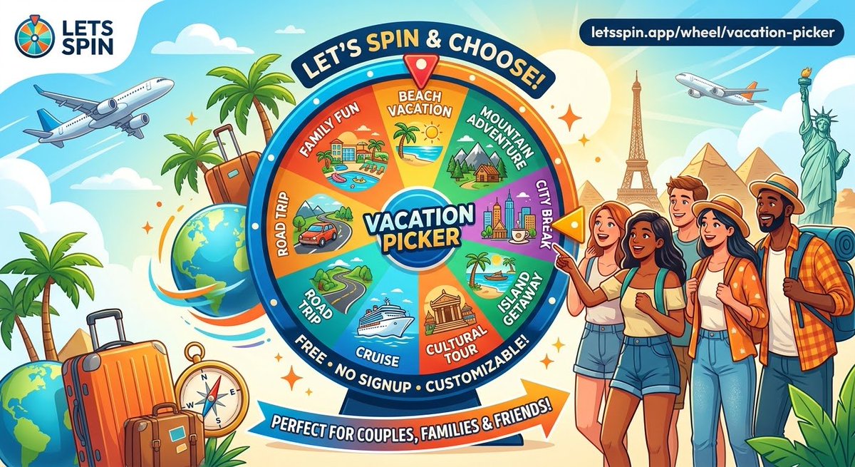 LetsSpinapp's tweet photo. an’t decide on your next getaway? 🌍✈️ 
Let the Vacation Picker wheel choose for you! 
Beach, mountains, city breaks &amp; more. Perfect for couples, families &amp; friend groups. 

🎡 Free, no signup, customizable! 
🔗 https://t.co/36khK7CmiX #LetsSpin https://t.co/Md6wUeDIDA