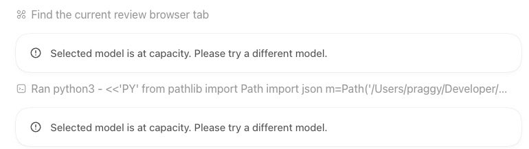 praggybuilds's tweet photo. Getting - “Selected model is at capacity. Please try a different model.”

Who else is getting this while using GPT-6.1 Sol? 

@OpenAI @thsottiaux please help!🥺