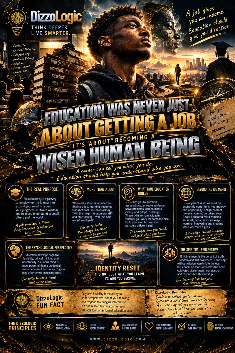 DizzoLogic0101's tweet photo. Education should be more than a pathway to employment.
A job teaches you how to earn a living.
Education should also teach you how to think, question, adapt, understand and live.
Don’t build your identity around your qualification.
Build it around your capacity to keep learning. https://t.co/FnZB1DxHwF