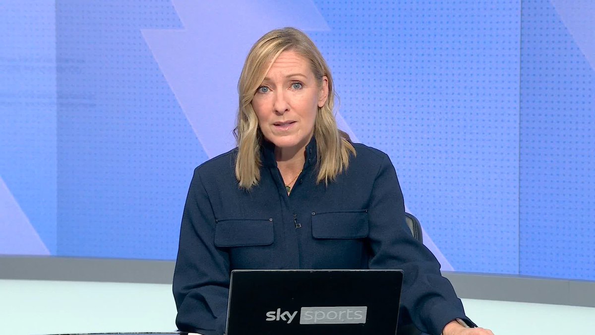 A blonde female presenter in a dark navy blouse sits at a desk with a Sky Sports laptop, delivering news coverage against a light blue geometric studio backdrop. The image accompanies a story about the Independent Football Regulator's chair discussing powers to assess club owner suitability amid the Manchester City case.