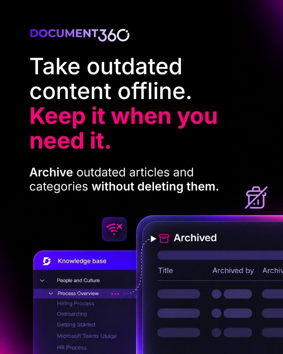 document360's tweet photo. Not every documents needs to be deleted. 

Some just need to be archived.

Remove outdated content from your knowledge base and search results without losing revision history, tags, or SEO settings. 

Restore it whenever you need it.

#DocumentationArchive #ContentManagement https://t.co/iaQw1z0jgF