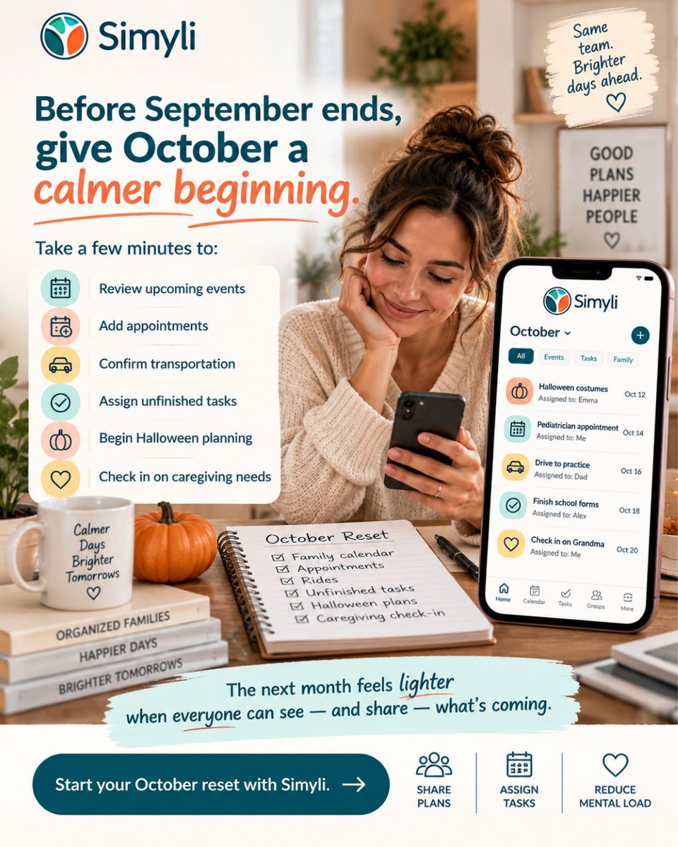 hellosimyli's tweet photo. Before September ends, give October a calmer beginning. 🍂

Take a few minutes to:

���� Review upcoming events
🩺 Add appointments
🚗 Confirm transportation
✅ Assign unfinished tasks
🎃 Start Halloween planning
❤️ Check in on caregiving needs https://t.co/Ekn4WABtYA
