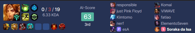 The image displays a post-game match results screen showing a player (likely Soraka da Isa) with a 0/3/19 KDA, AI-Score of 63, and 3rd place finish, alongside the match summary indicating their team victory. The accompanying Portuguese post expresses excitement ("kkkkkkkkkkkk já começou" = "lol it's already started") and a strategy to avoid grouping, play safely from base, and skip risky moves, suggesting the player secured an assist-heavy support role by playing cautiously.
