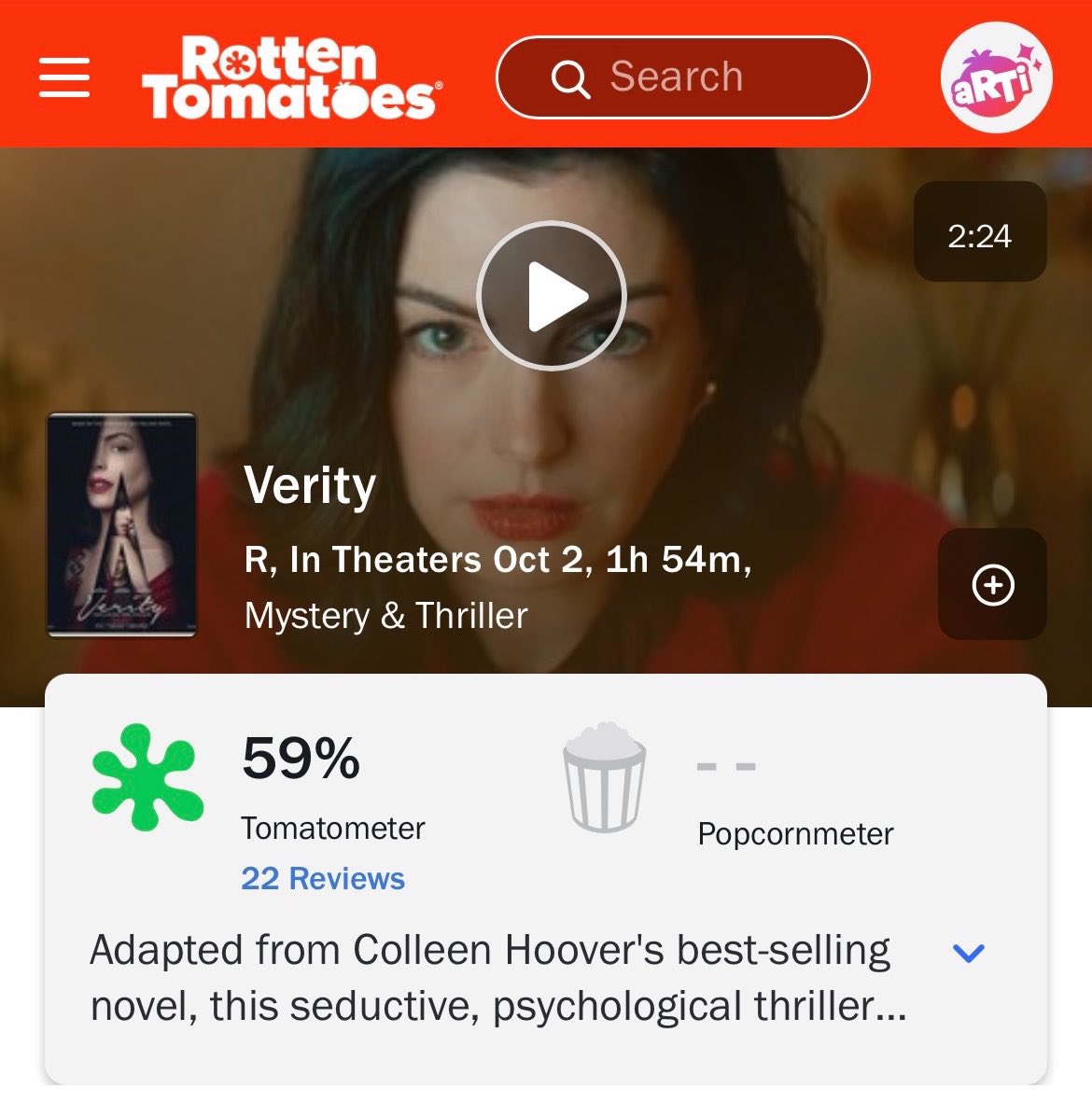 DakotaJBRA's tweet photo. Significa que é bom! Verity debutou com 59% no Rotten Tomatoes https://t.co/pzHQAco4qa