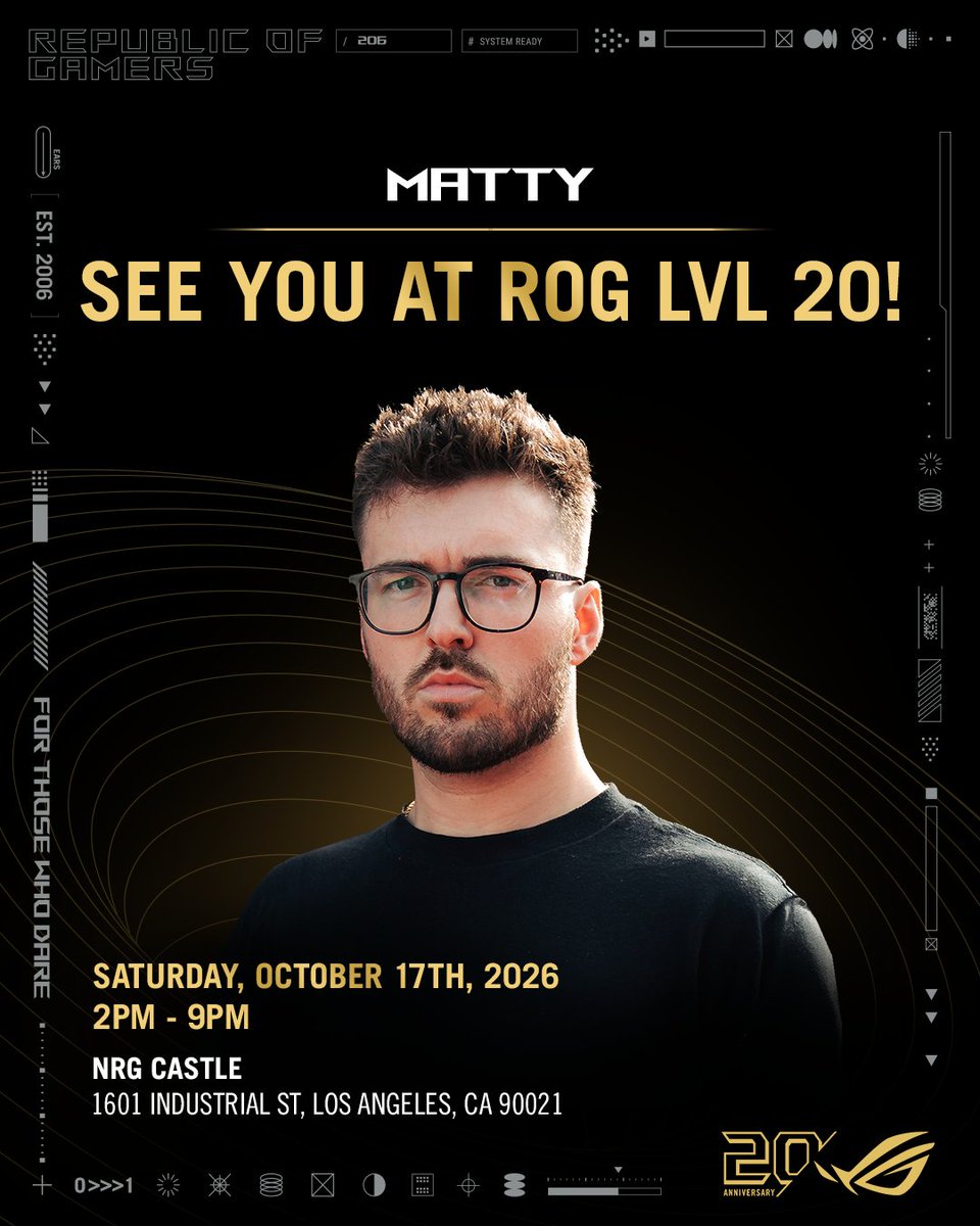 ASUS_ROGNA's tweet photo. One more familiar face is joining the celebration! 👀⁣
⁣
MattyKay is coming to ROG LVL 20! ❤️‍🔥⁣
⁣
We’re celebrating 20 years of ROG with the gamers, creators, and community who helped make it all possible, and MattyKay will be there for the celebration. 🎮⁣
⁣
📅 October 17, 2026⁣
📍 NRG Castle | Los Angeles, CA⁣
⁣
The guest list is growing… and we’re just getting started. 👀⁣
⁣
See you at ROG LVL 20! ✌️ RSVP⁣ https://t.co/LIV2v18JSd
⁣
#ROGLVL20 #ROG20thAnniversary #ForThoseWhoDare