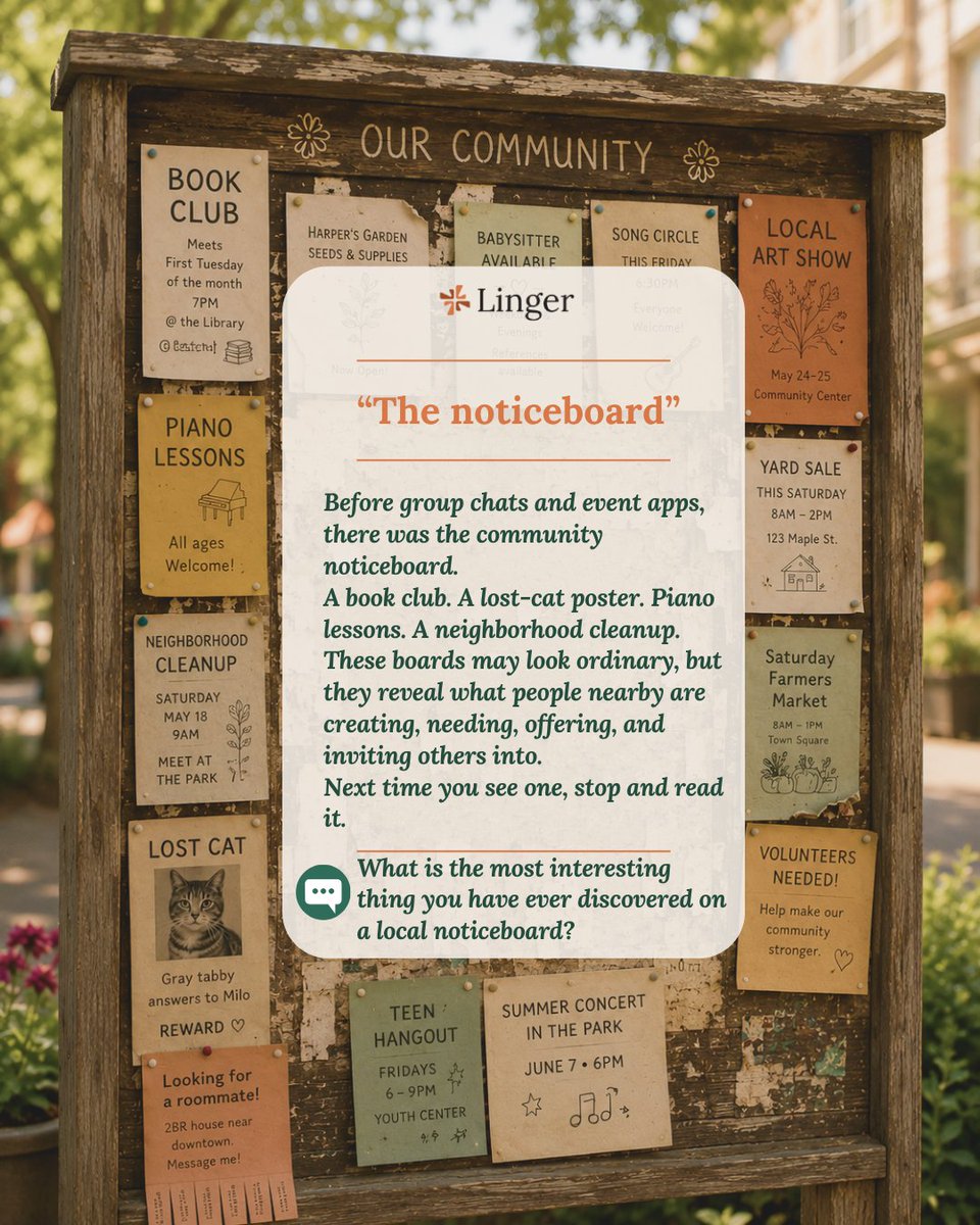 LingerHQ's tweet photo. Think of a community noticeboard as a local recommendation system whose organizing principle is proximity, not prediction.

What is the most unexpected thing you have ever discovered on a local noticeboard?

#CommunityNoticeboard https://t.co/lN15qF1rQ2