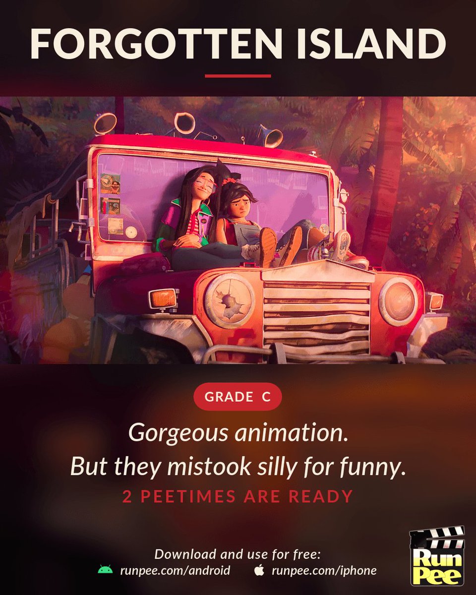 RunPee's tweet photo. Forgotten Island: DreamWorks goes to Filipino folklore. Our grade: C.

The animation is gorgeous, like the Spider-Verse "but a little more unhinged." But "they mistook silly for funny."

2 Peetimes are ready. 🏝️

https://t.co/lbeWkpopz3 https://t.co/kB03esGVc2