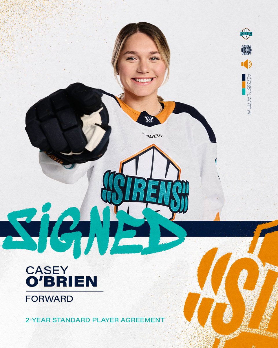 PWHL_NewYork's tweet photo. OB's on board 🚨

We have signed Casey O'Brien to a two-year Standard Player Agreement through the 2027-28 season. The third overall draft pick in the 2025 PWHL Draft and a 2026 Rookie of the Year finalist returns to her hometown team in New York for more.

📰 https://t.co/g5YJyMWIGB