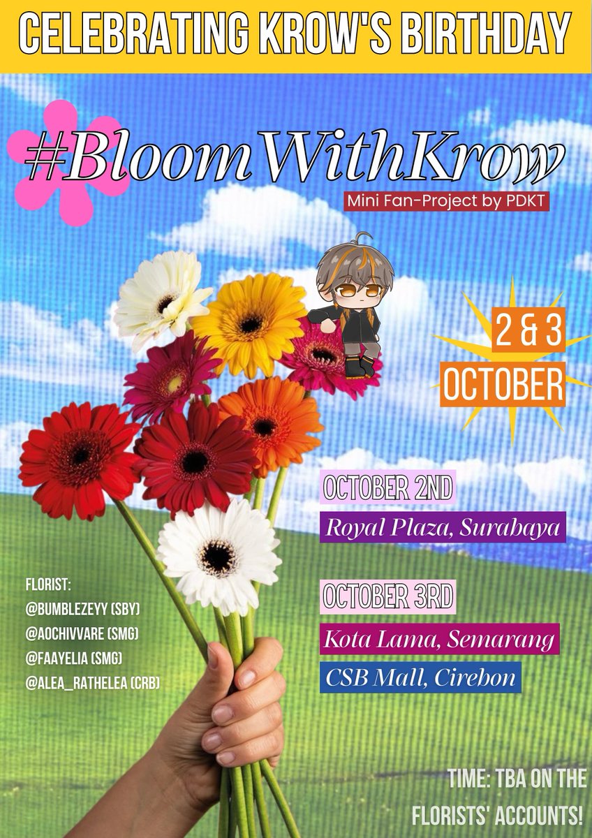 txtdaripdkt's tweet photo. A little flower to brighten up your day! To celebrate Krow Thornes’s birthday, we’re handing out free flowers to random passersby in Surabaya, Semarang, and Cirebon! Let’s share the happiness and bloom together. 💐

Check out the details on the poster below! #BloomWithKrow https://t.co/euhNKekTly