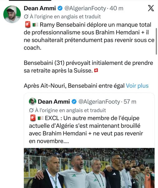 vivalalgerie7's tweet photo. الصحفي بقناة BBC  دان أمي المختص في الكرة الأفريقية يفجر قنبلة:

القائد رامي بن سبعيني يغادر تربص المنتخب الوطني بعد خلاف مع الناخب الوطني براهيم حمداني و يقرر الاعتزال الدولي. https://t.co/LB8mkoAjIb