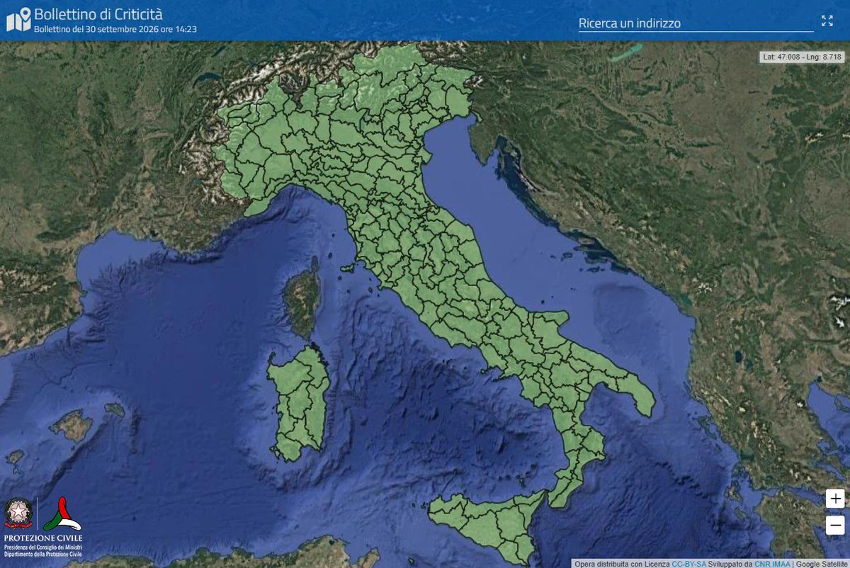 Mappa bollettino di criticità che indica l'assenza di fenomeni meteo-idro significativi per giovedì 1° ottobre