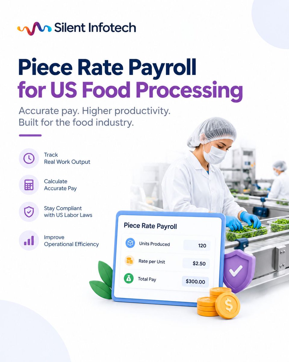 silentinfotech's tweet photo. Managing piece-rate payroll in US food processing? ๐ฝ๐ญ
Learn how ERP can help handle production-based pay, overtime, payroll accuracy, and compliance more efficiently.
https://t.co/MvR1E2DXRP
#PieceRatePayroll #FoodProcessing #PayrollManagement https://t.co/9TMEVEgo6q
