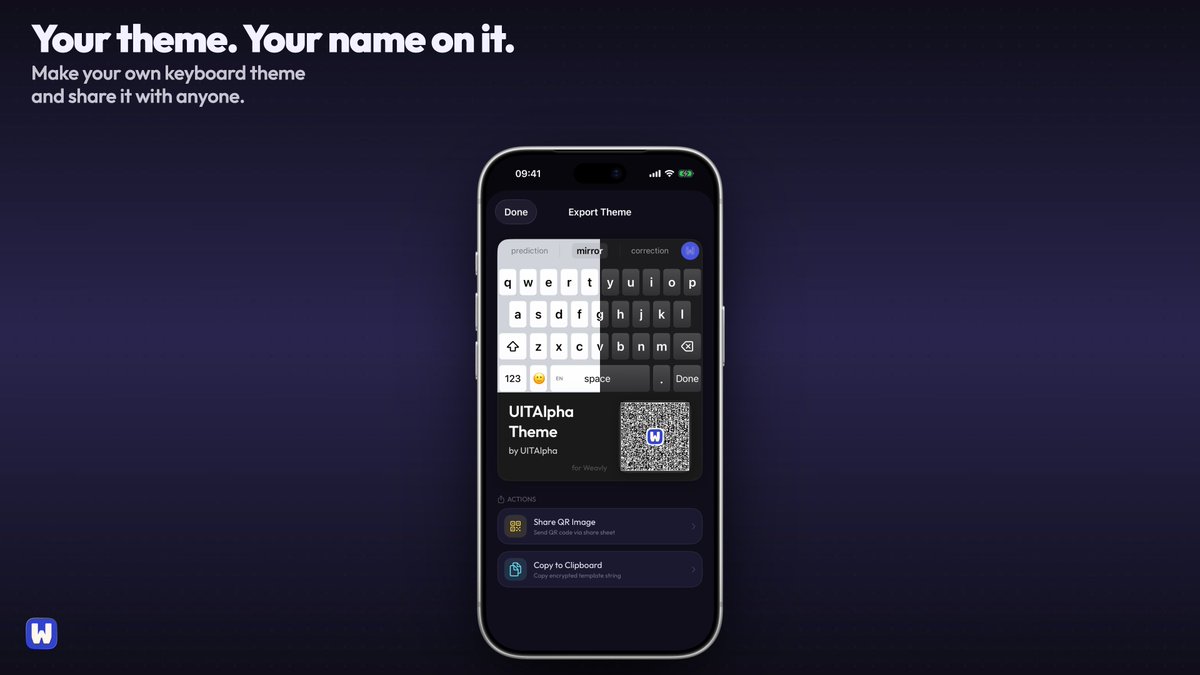 WeavlyApp's tweet photo. Your keyboard theme, with your name on it.

Share the QR code, or copy it and send it to a friend. Test it for free on TestFlight → https://t.co/XEtsutofhQ

#Weavly #iOSKeyboard https://t.co/57TNJClmxS