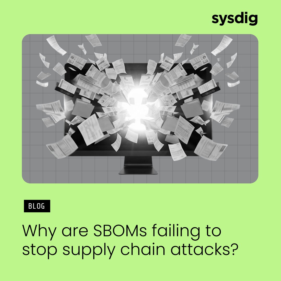 sysdig's tweet photo. SBOMs give you visibility into your software supply chain. But what else do you need to defend against attacks? 

Four challenges: inconsistent tool support, untrustworthy data, vulnerabilities that change daily, and internal threats no SBOM can detect.

Full breakdown: https://t.co/NoWeLKP0ID

#CloudSecurity #SupplyChainSecurity #SBOM #ContainerSecurity