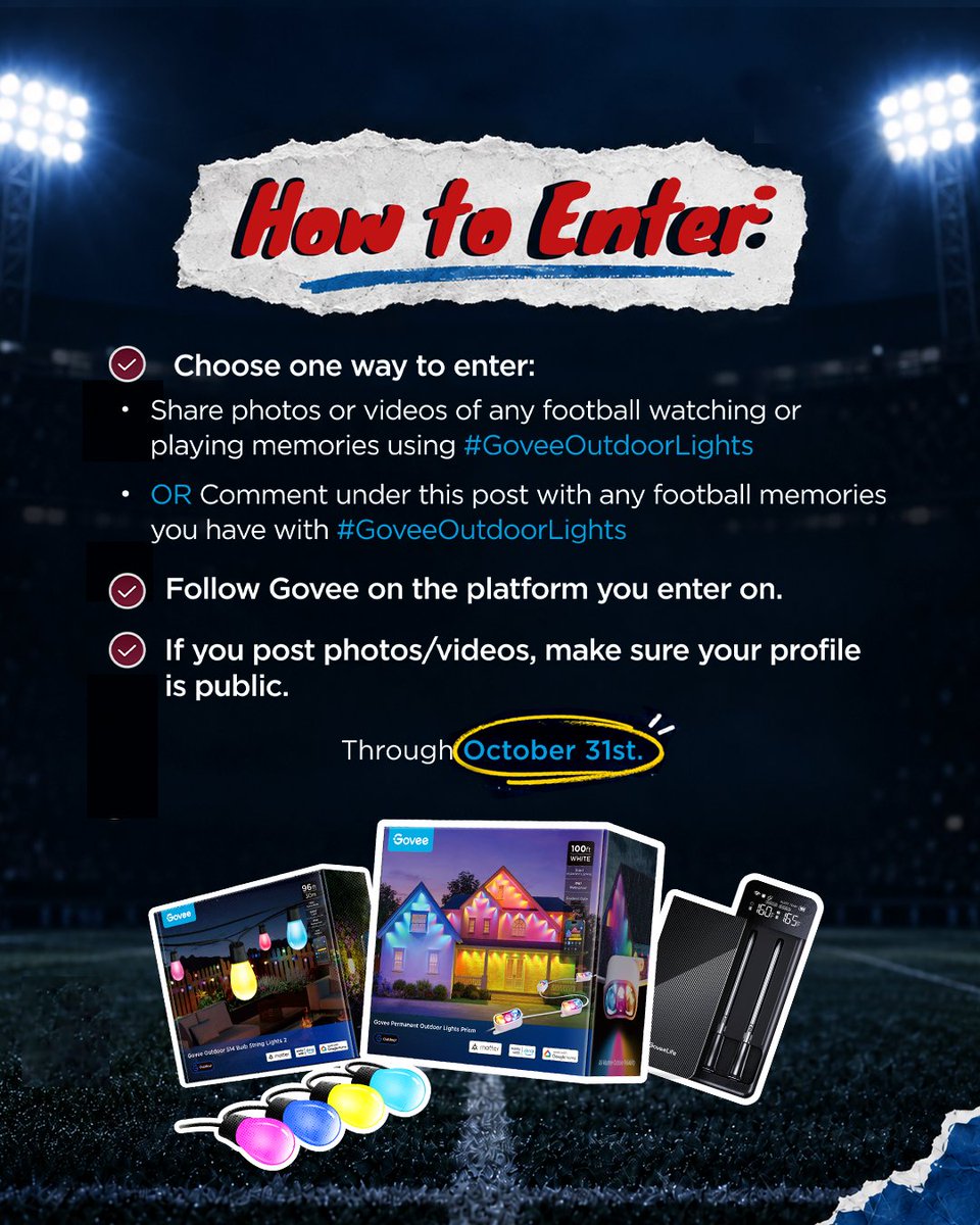 GoveeOfficial's tweet photo. Friday Night Lights #Giveaway 🏈 Football is more than a sport—it's a tradition. Whether from on the field, in the stands, or at home, tell or show us yours favorite memories for a chance to win!

How to Enter: 
📸 Share a photo/vid of a football memory
OR
✍️ Comment with your favorite memories
#️⃣ Remember to use #GoveeOutdoorLights
👉 And Follow Us!
⌛ Enter By October 31st

3 Winners! Each Receives:
✨ Smart Outdoor S14 Bulb String Lights 2
🏠 Permanent Outdoor Lights Prism
🍗 Bluetooth Wireless Meat Thermometer

Open to US residents. See full T&C in our Bio Link.