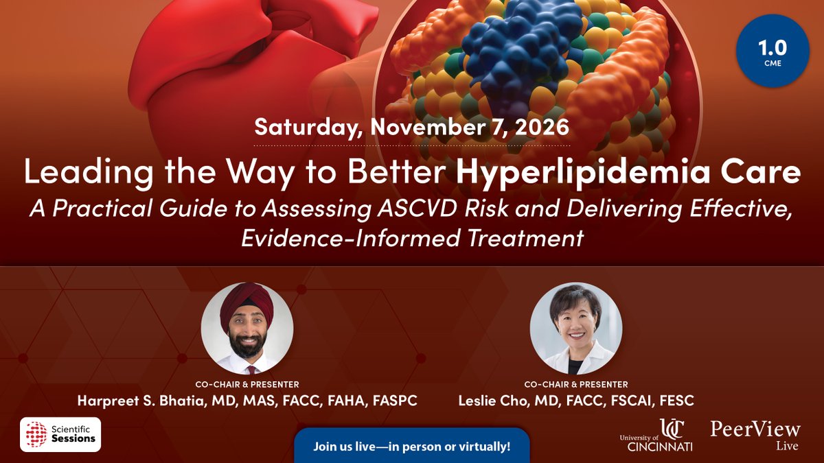 PeerView's tweet photo. Join us Saturday, 11/7, at 6:30 AM CST for our #hyperlipidemia live in-person &amp; virtual symposium featuring Harpreet S. Bhatia, MD (@hsbhatia) and Leslie Cho, MD, during the AHA #ScientificSessions26 https://t.co/tETWGAJ4nT #cardiology https://t.co/ZIS4u2viBt