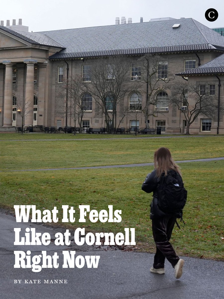 NYMag's tweet photo. In a deeply misogynistic society, groups of boys and men routinely bond over humiliating and exploiting women. And the victim is not only physically and emotionally traumatized following one of the most fundamental imaginable violations: They are likely to be doubted and undermined at every subsequent step of the process. 

“As a professor at Cornell, I have had many, many victims in my office, confiding in me their experiences of sexual assault and harassment. Many didn’t even try to report them to the police or the university, and, for those who did, the experiences and the outcomes have rarely been positive,” writes Kate Manne.

In Jane Doe’s case, the district attorney did not bring any charges after relying on the investigation done by campus police; they didn’t even speak with the men involved. The district attorney just announced that they are reopening the case on the basis of new information contained in the civil lawsuit filed earlier this month, and in recognition of the fact that “it can take years of therapy and healing for victims of sexual assaults to fully process and understand what happened to them.”

We now know that the university’s processes ultimately left five of the seven students accused free to graduate. Meanwhile, Jane Doe dropped out of Cornell and was denied her request to get her tuition refunded so that she could transfer to a different college. “She hence faced more severe consequences than most of the men who she alleges gang-raped her. And rape can effectively be a punishment for the crime of being female,” writes Manne. 

Read Manne’s essay about the palpable feeling on campus that this is big and why we urgently need massive institutional change: https://t.co/knjMp0JQmd