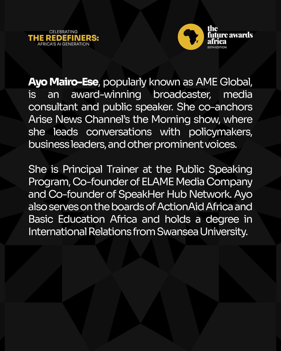 TFAAfrica's tweet photo. A voice that has shaped conversations across media, business and public life.

Introducing @ayomairoese , award-winning broadcaster, media consultant and public speaker, and a member of the Jury for the 20th Edition of The Future Awards Africa. https://t.co/ZasGlOd5o7