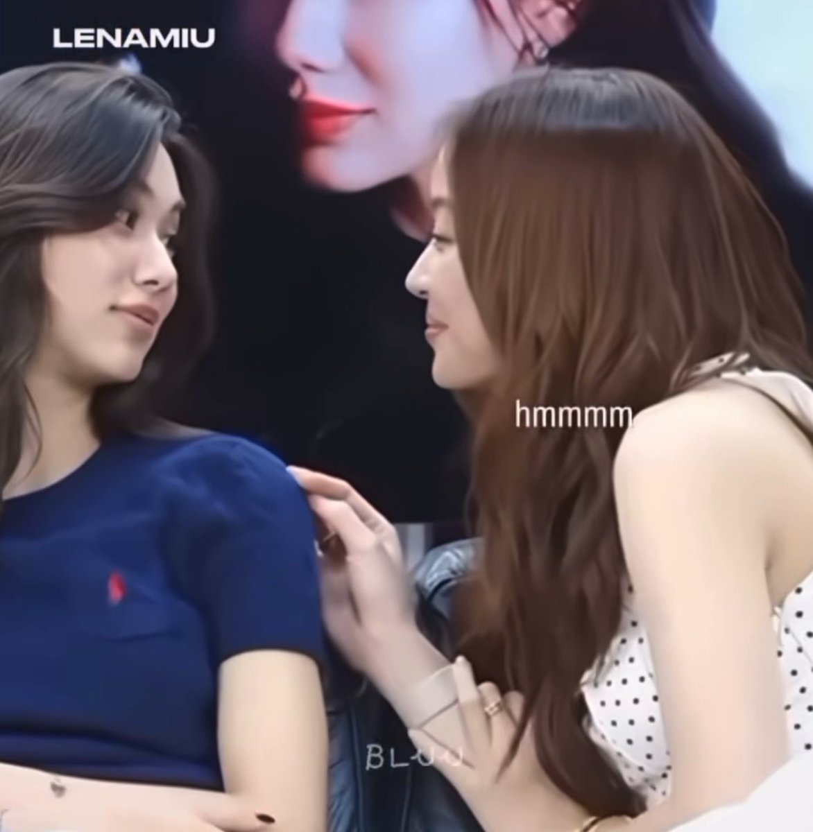 Two women gaze lovingly at each other in a close, intimate moment, with on-screen text reading "LenaMiu" in the top left, "hmmmm" near the woman in the polka-dot top, and "BL..." near the center, perfectly capturing the sweet, tender connection referenced in the post.