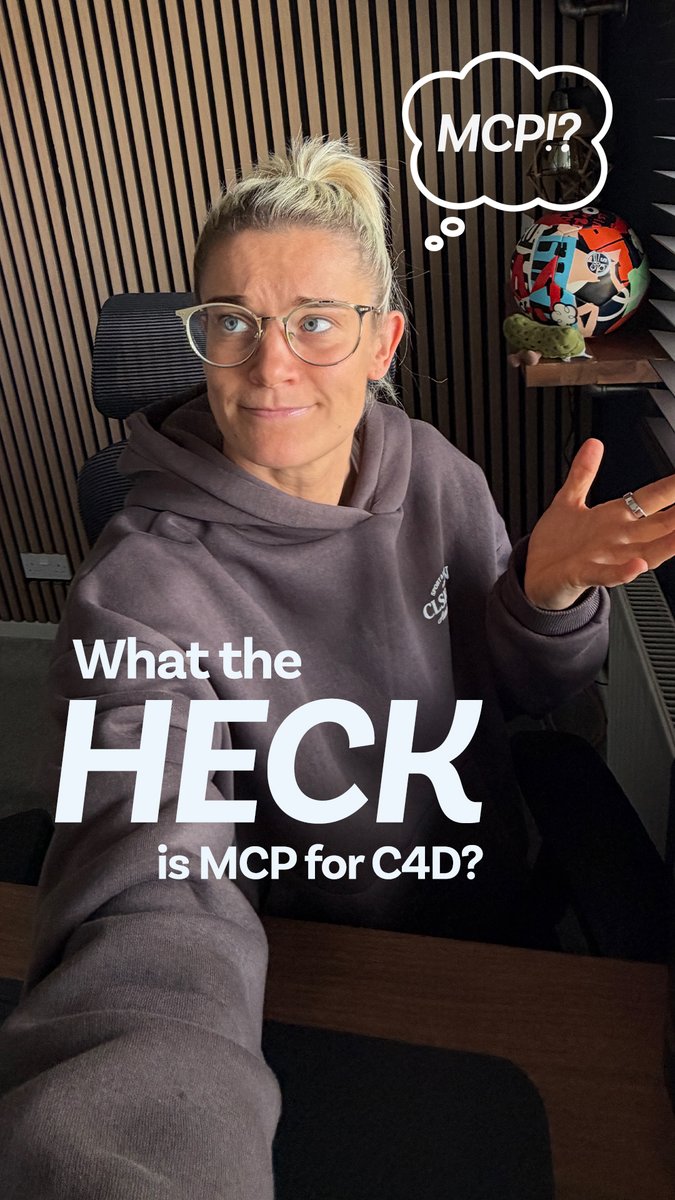 A blonde woman in glasses and a purple hoodie shrugs, with text reading "What the HECK is MCP for C4D?" and a thought bubble saying "MCP!?".