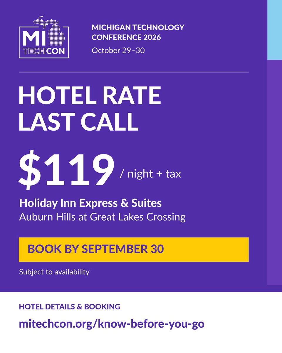 MITechCon's tweet photo. Coming to MITechCon Oct 29–30? Last call for our $119/night attendee rate at Holiday Inn Express Auburn Hills. Scheduled shuttle to Oakland University. Book today: https://t.co/31pCVWLhqi https://t.co/RrYeeo7jcC