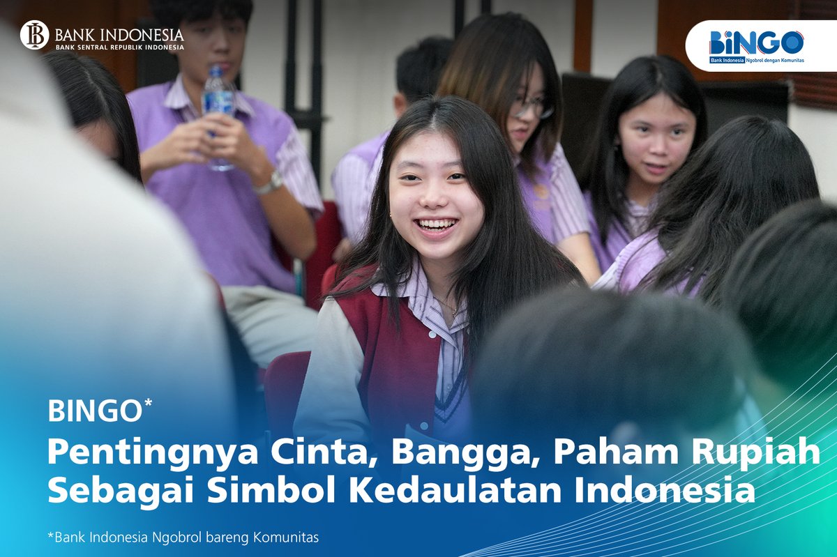 bank_indonesia's tweet photo. Halo, #SobatRupiah! 👋 Kalian tau ga, mata uang kita, Rupiah, adalah salah satu mata uang yang telah memperoleh penghargaan bergengsi di dunia, loh!

Makanya, Rupiah bukan hanya sebagai alat pembayaran, namun menjadi simbol kedaulatan Indonesia.

Lewat kegiatan Bank Indonesia Ngobrol bareng Komunitas (BINGO) kali ini, teman-teman dari Ichthus School West Campus ngobrolin tentang serba-serbi Rupiah, biar makin cinta, bangga, dan paham Rupiah.
Penasaran apa aja obrolan yang akan dibahas? 

Makanya, simak thread ini sampai selesai! 👇