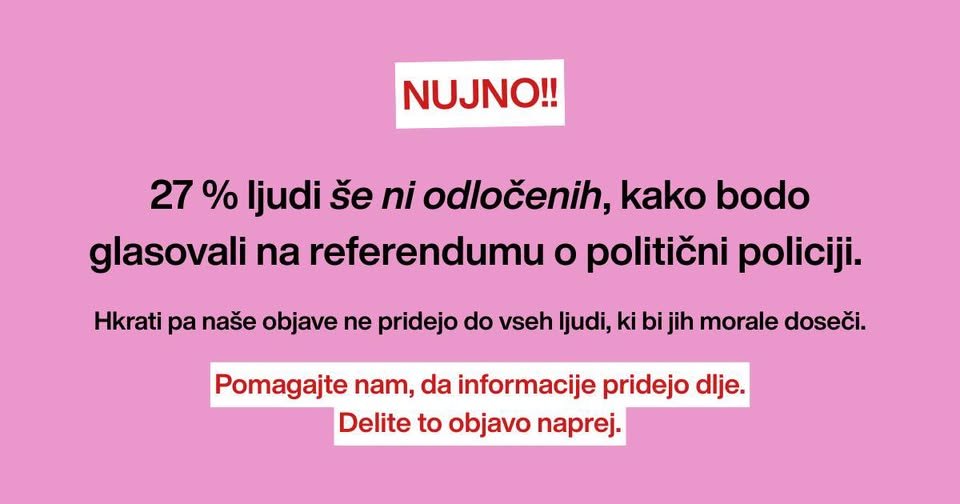 8Marec's tweet photo. Dragi naši. 🧵
Kar 27 % ljudi še ne ve, ali bodo glasovali za ali proti Zakonu o parlamentarni preiskavi. Referendum bo 11. oktobra.
O njem se v medijih premalo govori, mnoge je strah spregovoriti, naš doseg na družbenih omrežjih pa je močno padel. https://t.co/FayBdsoKV9