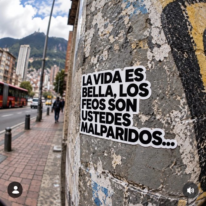 A sticker on a weathered concrete wall reads 'LA VIDA ES BELLA, LOS FEOS SON USTEDES MALPARIDOS...' along a city sidewalk with mountains in the background.