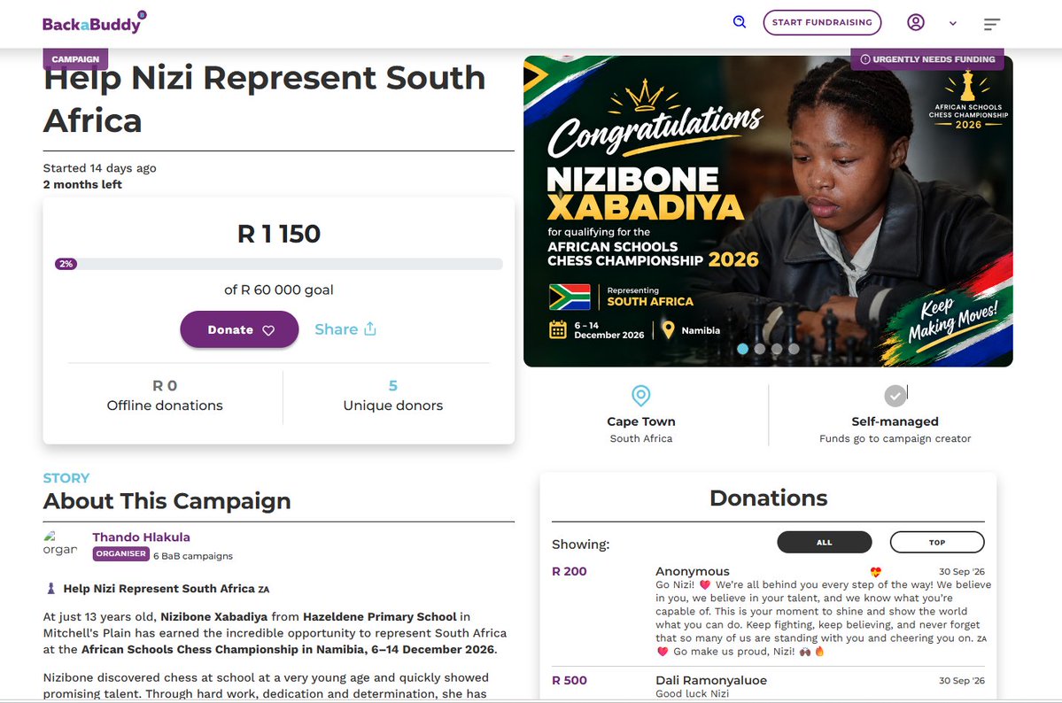 CrossroadsChess's tweet photo. ♟️🇿🇦 WE HAVE STARTED — NOW LET’S KEEP GOING! 🇿🇦♟️

We want to say a heartfelt THANK YOU to everyone who has already supported Nizibone Xabadiya.

🙏 5 amazing donors have already contributed, bringing the campaign to R1,150 of our R60,000 goal. https://t.co/RyBlj2VkPa