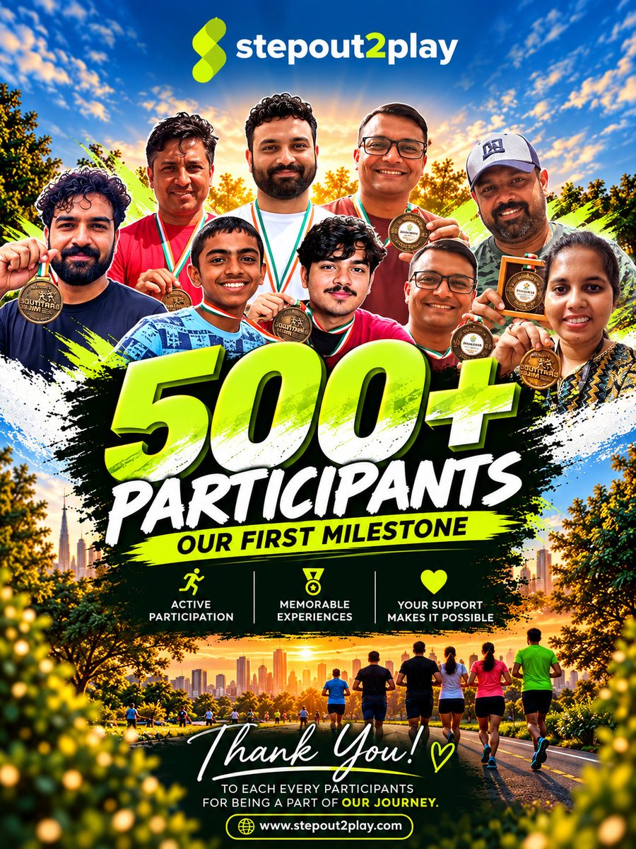 StepOut2Play's tweet photo. 🎉 500+ PARTICIPANTS — OUR FIRST MILESTONE!
From our first event to 500+ participants — what a beginning! 💚
A huge THANK YOU to each and every participant for being a part of the Stepout2play journey. 🎉 500+ PARTICIPANTS — OUR FIRST MILESTONE!

🌐 https://t.co/PE43MmD09h https://t.co/W4VPnow3eP