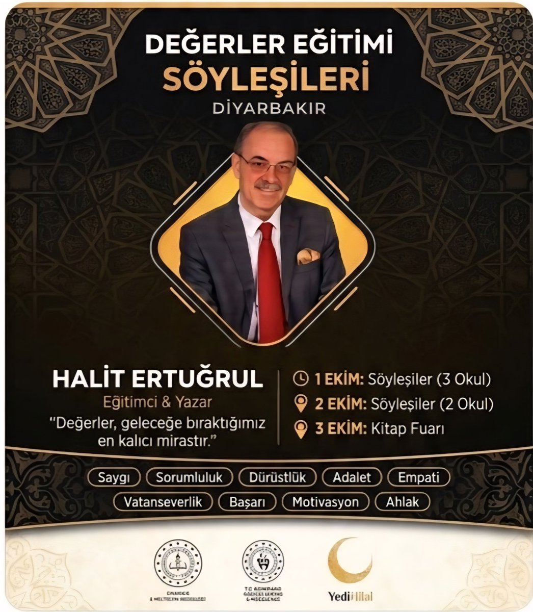 7hilaldiyarbakr's tweet photo. 📢 Yazar Halit Ertuğrul ile Değerler Eğitimi Söyleşileri Diyarbakır'da! 🌙 1-2 Ekim okullarda, 3 Ekim'de Kitap Fuarı'ndayız. 📚 #YediHilal #Diyarbakır https://t.co/yEO698RifD