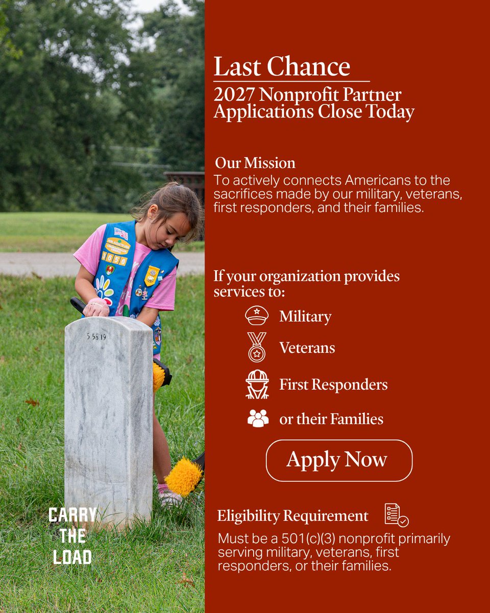 CarryTheLoad's tweet photo. There’s still time to join us as a Nonprofit Partner.
We’re looking forward to welcoming the next group of Carry The Load Nonprofit Partners and the impact we can create together.
Apply here:  https://t.co/mRrdRPV9t3 
#CarryTheLoad #NonprofitPartners #ApplyNow https://t.co/Hja2b3Yg70