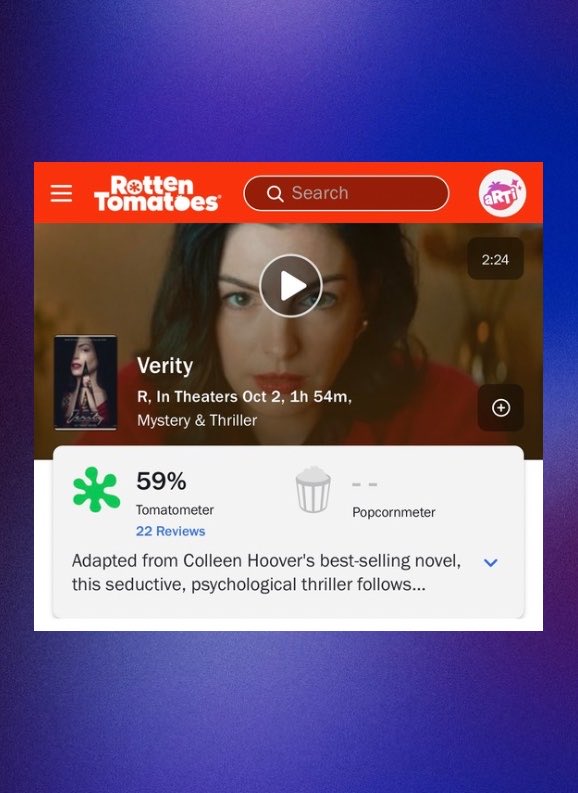PopBase's tweet photo. ‘Verity’ debuts with a score of 59% on Rotten Tomatoes based on 22 reviews. https://t.co/1V4PV1IVBs