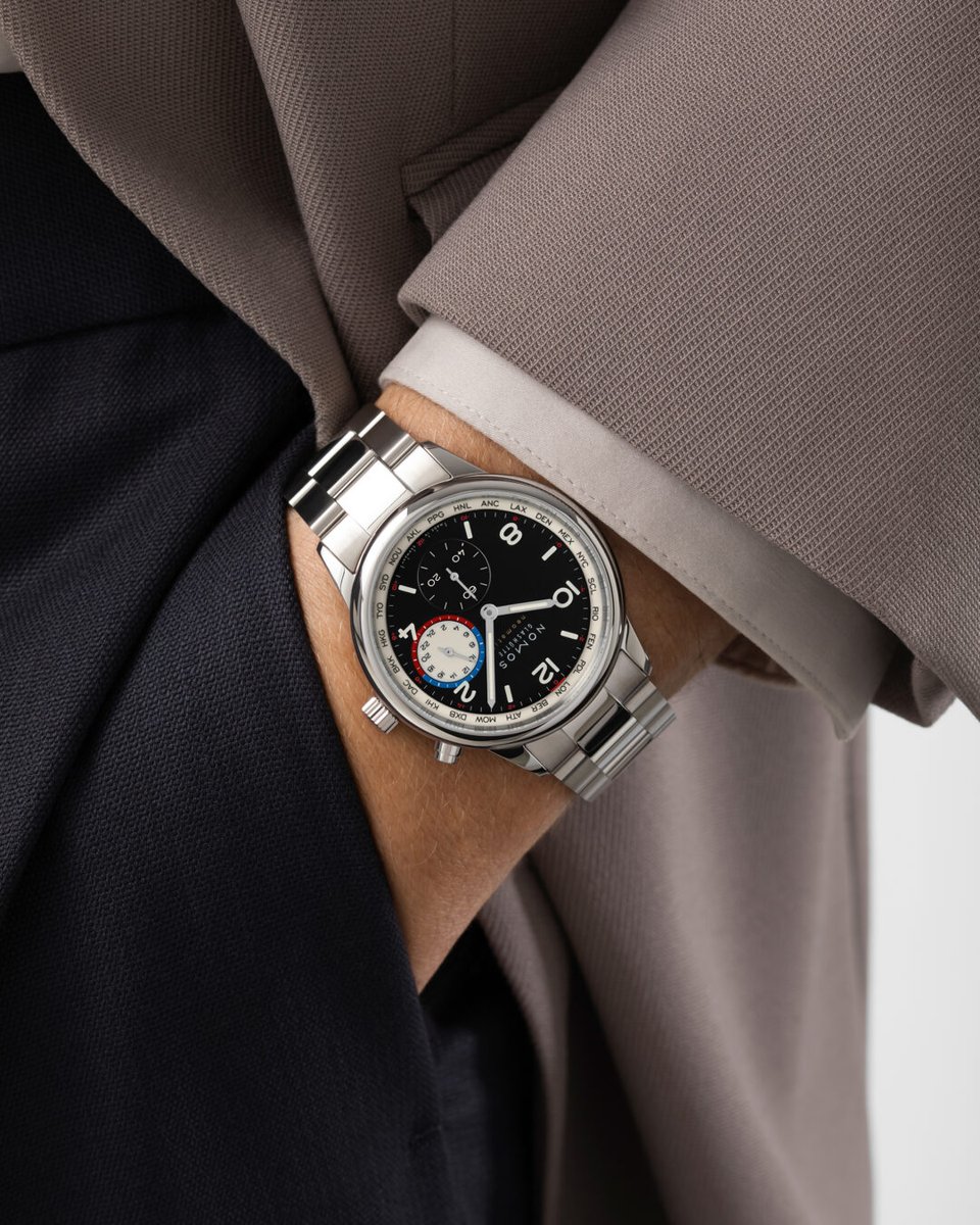 nomosglashuette's tweet photo. Go anywhere, do anything – with Club Sport neomatik #Worldtimer dark. The black dial creates a striking backdrop for the bold typography. The city ring and home time dial also glow blue with Superluminova, keeping all 24 time zones clearly in view. 

https://t.co/qOchHDu81w https://t.co/H12cC85Qxa