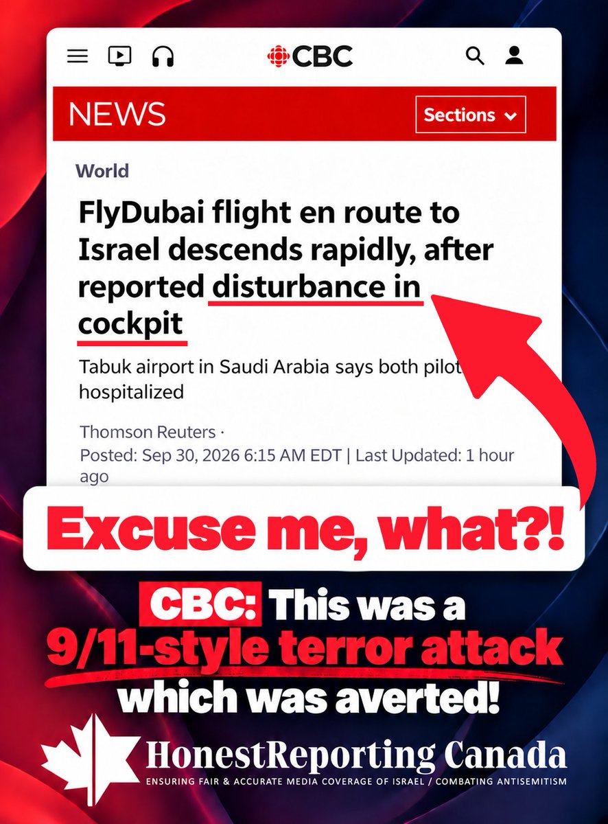 HonestRepCanada's tweet photo. So, let's get this straight @cbcnews...

The aircraft in question, which was headed for Tel Aviv, Israel, transmitted an emergency signal and code for unlawful interference or hijacking after the co-pilot, according to reporting, stabbed the captain multiple times and then commandeered the airplane, descending it nearly 20,000 feet in just over 1 minute before crew members and passengers were able to subdue the co-pilot.

And you call this a "disturbance in cockpit"?

REALLY?!

Once again, our public broadcaster is the laughing stock of the entire world. This is absolutely shameful reporting.