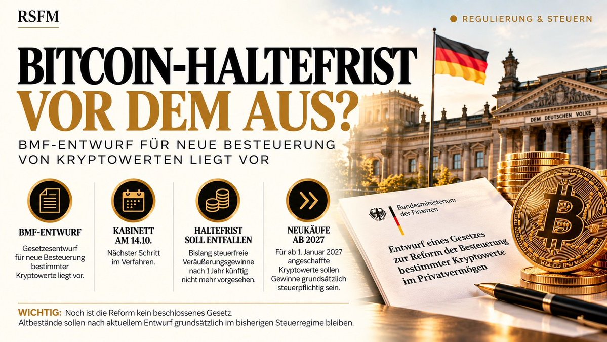 RSFM_Official's tweet photo. ◉ DEUTSCHLAND WILL DIE BITCOIN-HALTEFRIST ABSCHAFFEN – ABER EIN DETAIL IST ENTSCHEIDEND

Die geplante Reform der Krypto-Besteuerung wird konkret.

Das Bundesfinanzministerium hat den Referentenentwurf zur Reform der Besteuerung bestimmter Kryptowerte im Privatvermögen an Verbände verschickt.

Die Kabinettsbefassung ist bereits für den 14. Oktober vorgesehen.

Der Kern:

Bitcoin, Ethereum und andere sogenannte Tauschkryptowerte sollen künftig steuerlich den Einkünften aus Kapitalvermögen zugeordnet werden.

Damit würde für neu angeschaffte Kryptowerte die bisherige einjährige Haltefrist entfallen.

Heute gilt grundsätzlich:

→ Kauf im Privatvermögen
→ Haltedauer von mehr als einem Jahr
→ Veräußerungsgewinn grundsätzlich steuerfrei

Nach dem aktuellen Entwurf soll sich das für NEUANSCHAFFUNGEN AB 2027 grundlegend ändern.

Gewinne wären dann unabhängig von der Haltedauer grundsätzlich steuerpflichtig.

Aber jetzt kommt der entscheidende Punkt:

ALT-BESTÄNDE SOLLEN BESTANDSSCHUTZ ERHALTEN.

Kryptowerte, die bis einschließlich 31. Dezember 2026 angeschafft wurden, sollen nach aktuellem Entwurf grundsätzlich im bisherigen Steuerregime verbleiben.

Das bedeutet:

Wer Bitcoin beispielsweise bereits 2025 oder 2026 gekauft hat, könnte nach dem derzeitigen Entwurf weiterhin von der bisherigen Ein-Jahres-Regel profitieren.

Wer dieselben Bitcoin erst ab dem 1. Januar 2027 neu anschafft, würde dagegen in das neue Steuerregime fallen.

Damit entsteht faktisch eine steuerliche Trennlinie:

31.12.2026
ALT-BESTAND → bisheriges System

01.01.2027
NEU-BESTAND → neues System

Und genau deshalb wird künftig die Dokumentation enorm wichtig.

Anleger müssen eindeutig nachweisen können:

→ wann ein Kryptowert angeschafft wurde
→ zu welchem Preis
→ welche Coins Altbestand sind
→ welche Coins nach dem Stichtag neu angeschafft wurden
→ welche Wallet-Transfers lediglich Transfers und keine Neuanschaffungen waren

Besonders relevant ist das für Self-Custody.

Wer Bitcoin seit Jahren auf einer eigenen Wallet hält und die Coins später an eine Börse überträgt, muss Anschaffungszeitpunkt und Anschaffungskosten sauber dokumentieren können.

Unsere Einordnung:

Die eigentliche Veränderung ist größer als nur „Haltefrist weg“.

Deutschland würde damit bei bestimmten Kryptowerten grundsätzlich von der bisherigen Besteuerung privater Veräußerungsgeschäfte in Richtung Kapitalertragsbesteuerung wechseln.

Damit würde Bitcoin steuerlich wesentlich näher an klassische Kapitalanlagen heranrücken.

WICHTIG:

Noch ist nichts beschlossen.

Es handelt sich um einen Referentenentwurf.

Bis zum 6. Oktober können Verbände Stellung nehmen, am 14. Oktober soll sich das Bundeskabinett damit befassen. Danach folgt das weitere Gesetzgebungsverfahren.

Stichtag, Übergangsregeln und einzelne Details können sich daher noch ändern.

Für Anleger ist der 31. Dezember 2026 nach aktuellem Entwurf dennoch ein Datum, das man sehr genau beobachten sollte.

Wir verfolgen das weitere Gesetzgebungsverfahren und insbesondere den Bestandsschutz für bestehende Positionen.

#Bitcoin #Krypto #Steuern