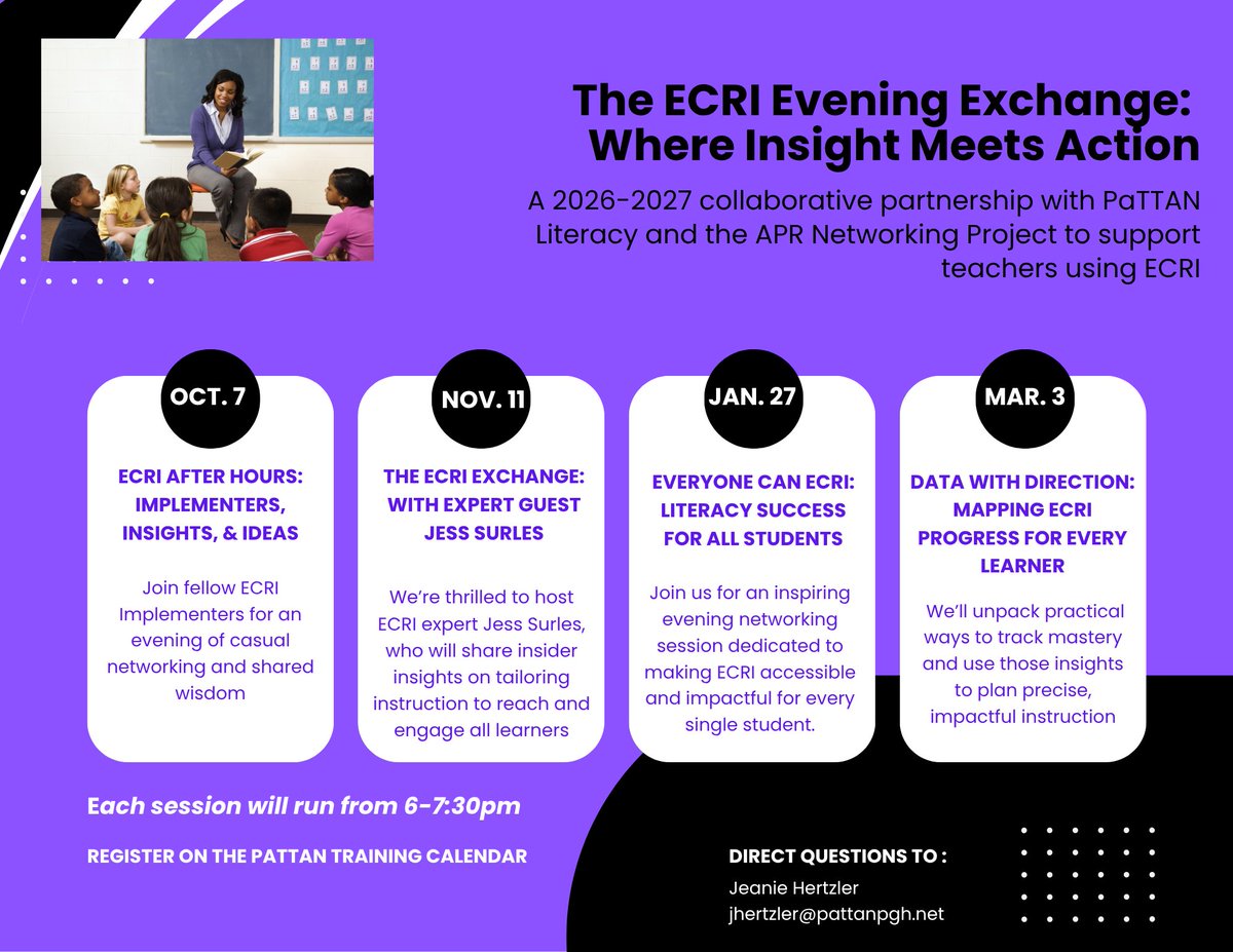 pattanupdates's tweet photo. ✏️ Want to improve literacy outcomes for your students?

The ECRI Evening Exchange is designed to support teachers using ECRI. Participants will leave with classroom-ready approaches to improve literacy outcomes. 🎯

📆Oct 7
🕓6 PM – 7:30 PM
🔗https://t.co/LDQdHKHzWA https://t.co/iPBQZSaZcS