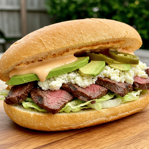 HabaneroChi's tweet photo. Steak Torta brings the flavor: tender grilled steak on a toasted bolillo roll with creamy homemade chipotle mayo, melted Chihuahua cheese, crisp lettuce, fresh avocado, and jalapeño peppers for the perfect kick. 🌶️🥑 #HabaneroBajaGrill #SteakTorta #SandwichLovers https://t.co/ArQe6jdK2T